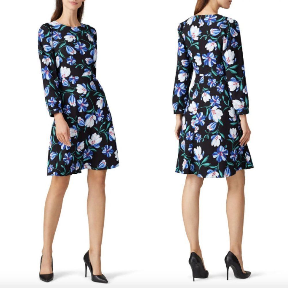 Draper James black blue floral crewneck long smocked sleeve a-line mini dress